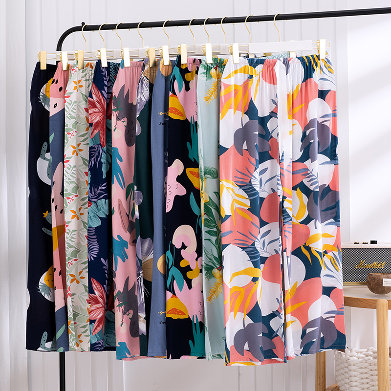 棉绸睡裤女夏季薄款人造棉阔腿裤防蚊裤沙滩裤家居九分单裤长裤子