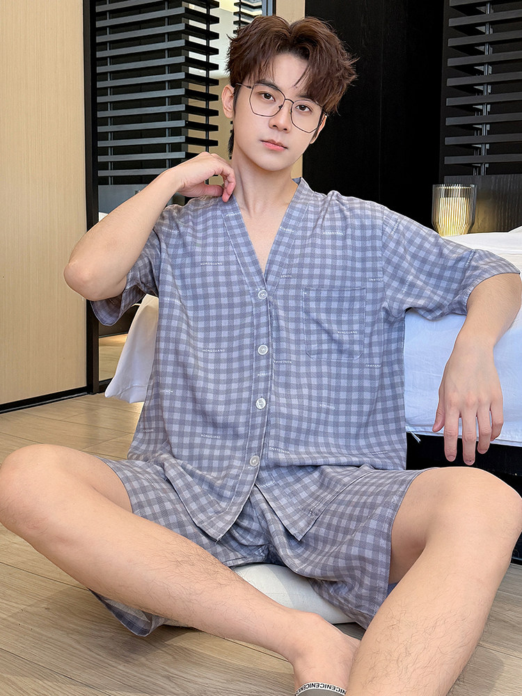 夏季棉丝睡衣套装男短袖短裤大儿童学生开衫薄青年棉丝家装