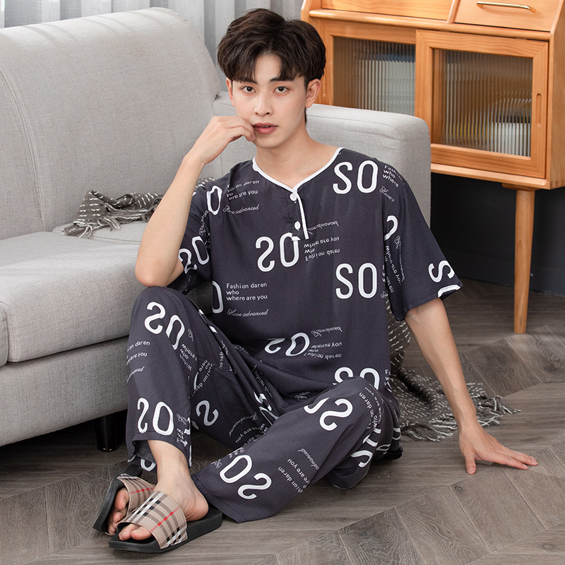 男士睡衣套装中大童夏季短袖长裤薄款青少年初P高中学生棉绸家居