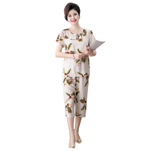 睡衣女夏季薄款绵绸套装冰丝中老年棉绸家居服人造棉短袖两件套装