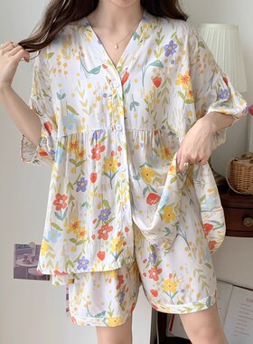 短袖短裤棉绸睡衣女薄款日式套装开衫夏季绵绸学生宽松可爱家居服