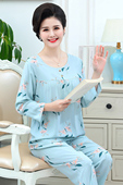 冰丝绵绸两件套装 长袖 中老年人造棉家居服 薄款 春秋棉绸睡衣女夏季