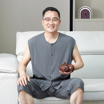 中老年棉绸睡衣套装男士无袖背心家居服爸爸夏季薄款老人爷爷汗衫