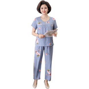 中年妈妈睡衣女绵绸夏季薄款棉绸短袖长裤中老年人造棉家居服套装