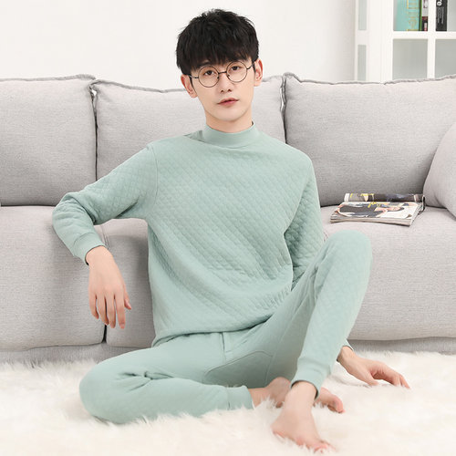 青少年三层夹棉保暖内衣套装男士