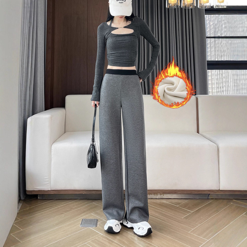 窄版阔腿裤女秋冬加绒运动裤高腰