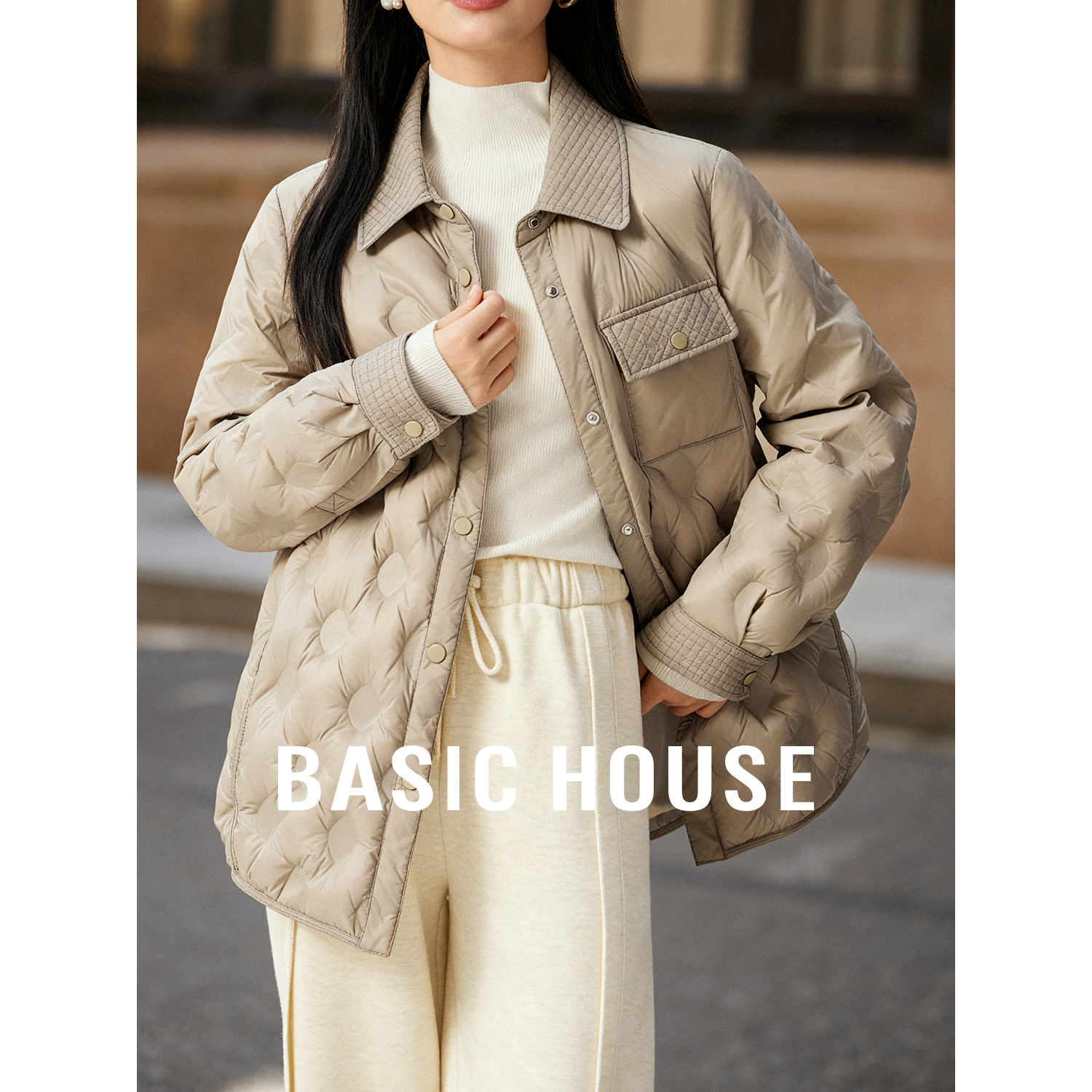 Basic House/百家好翻领羽绒服女2025冬季新款轻薄简约保暖棉衣