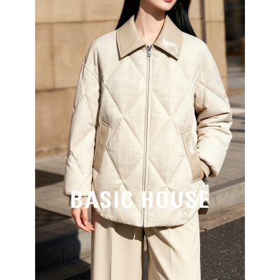 Basic House/百家好翻领菱格羽绒服女2025冬季简约拉链保暖外套