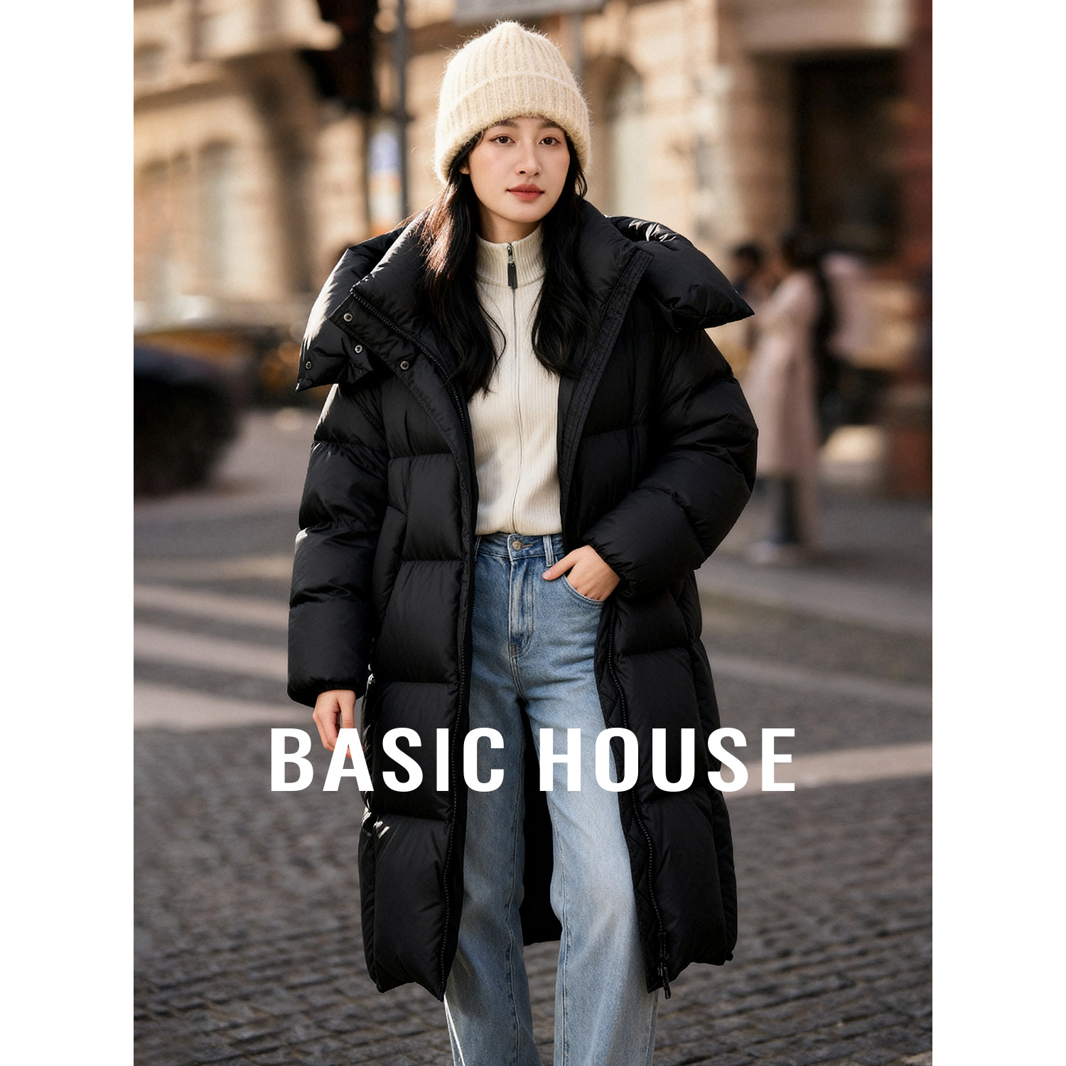 Basic House/百家好韩系连帽中长款羽绒服女双拉链白鸭绒保暖外套