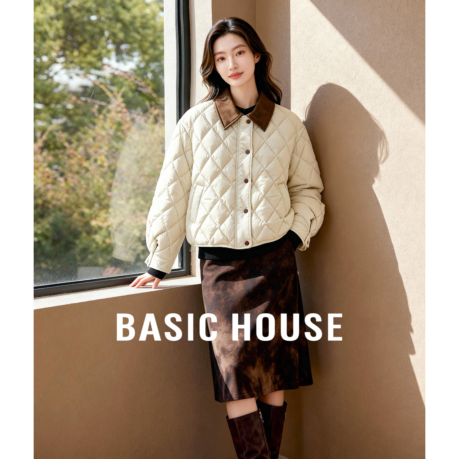 Basic House/百家好撞色菱格保暖羽绒服女25冬翻领轻薄小个子外套
