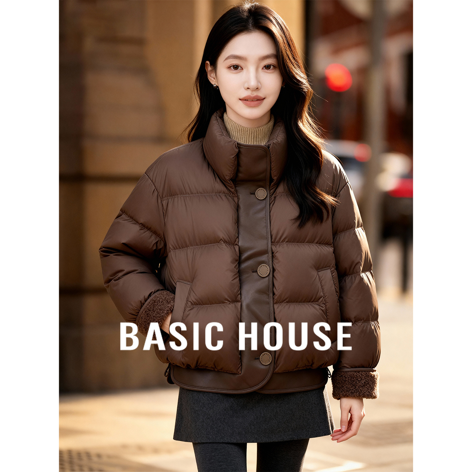 Basic House/百家好皮质拼接复古风面包服25冬新款立领短款羽绒服