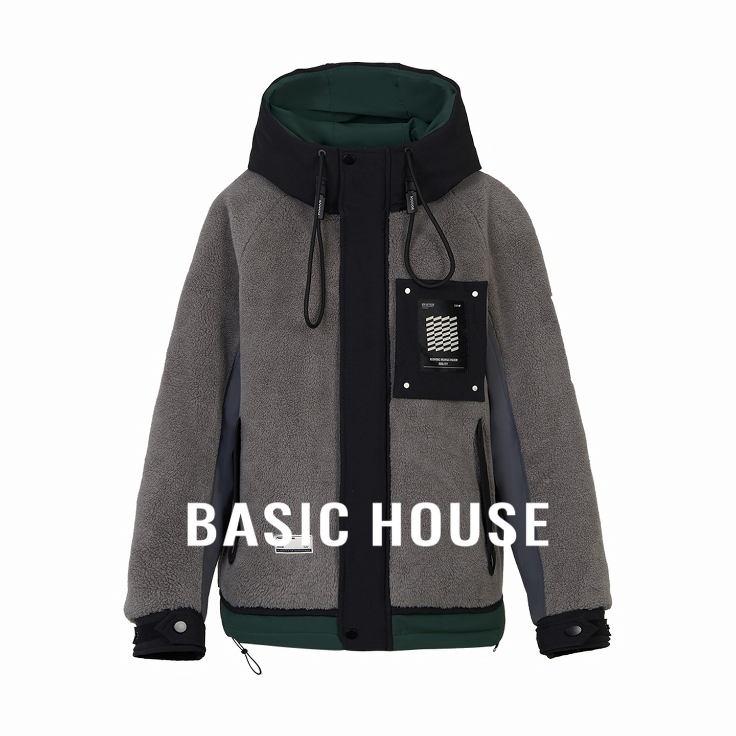 Basic House/百家好25冬新款连帽保暖羊羔毛外套拼接机能风羽绒服