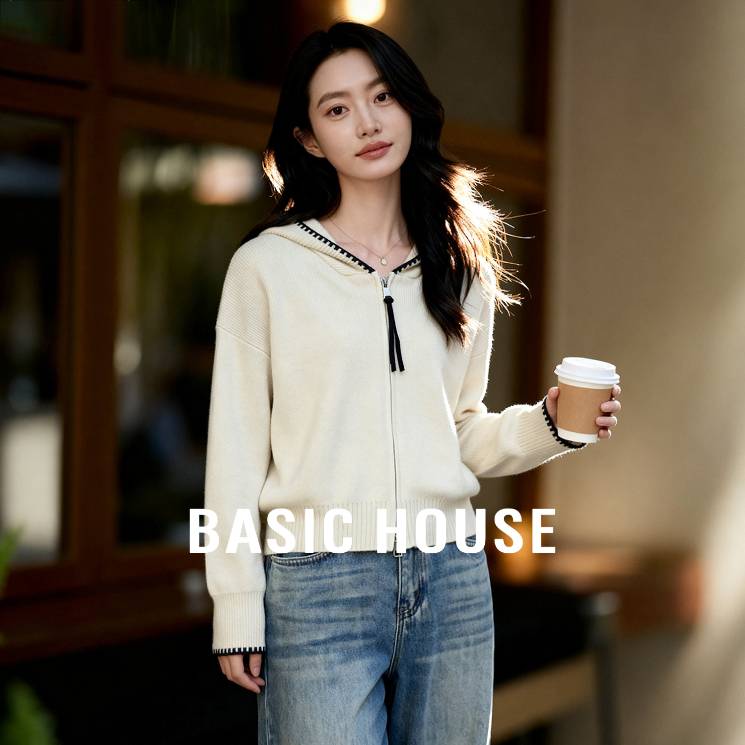Basic House/百家好撞色连帽开衫毛衣女2025秋冬软糯百搭慵懒外套