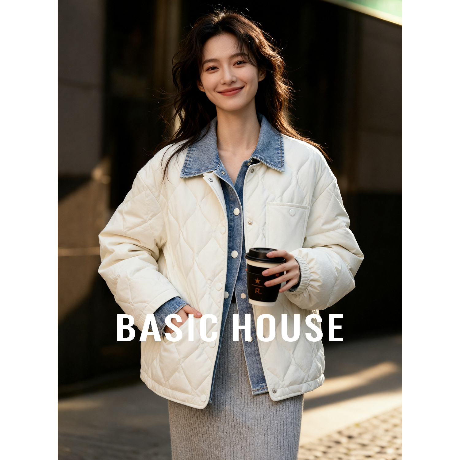 Basic House/百家好假两件拼接轻薄保暖羽绒服冬季小个子翻领外套