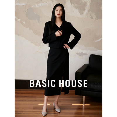 Basic House/百家好绵羊毛时尚套装女新款一字扣上衣半身裙两件套