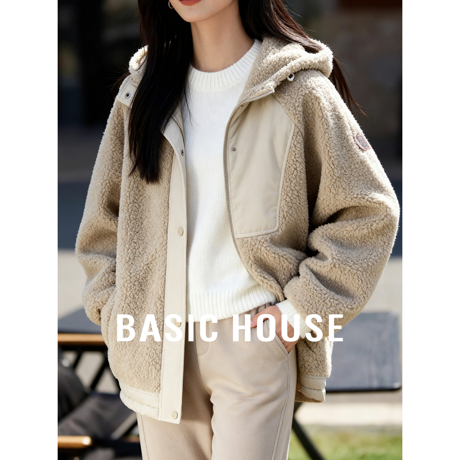 Basic House/百家好连帽中长款摇粒绒棉服女百搭宽松加厚撞色外套