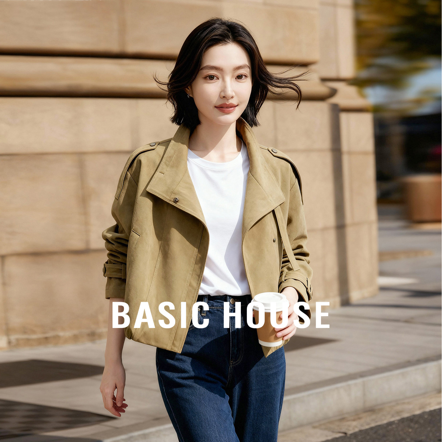 Basic House/百家好秋季复古高级感短款麂皮外套/高腰直筒牛仔裤