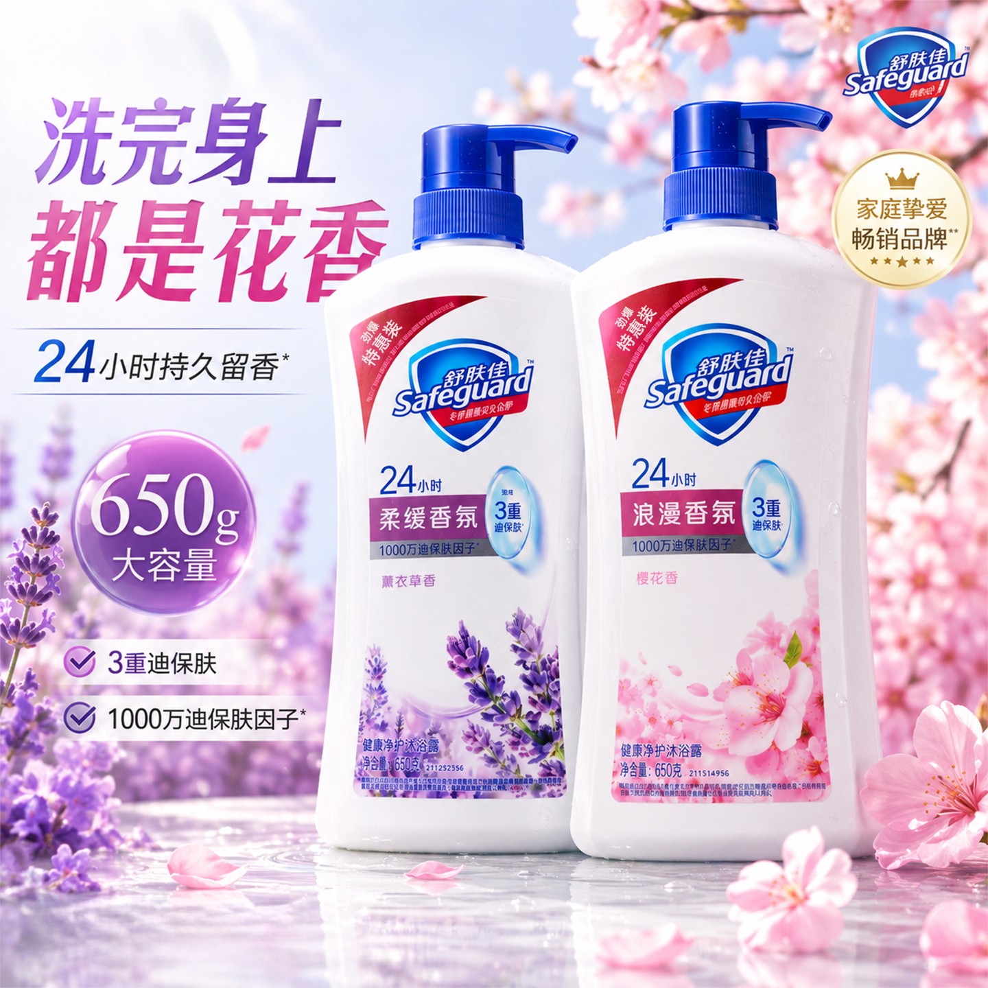 舒肤佳550g沐浴露纯白薰衣草芦荟绵密泡沫温和不假滑+袋装550g
