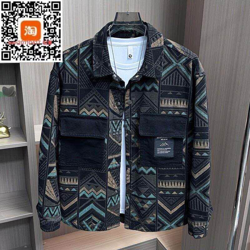 邦尼澳男装牛仔夹克春季男士潮流翻领休闲外套民族风花色时尚衬衫