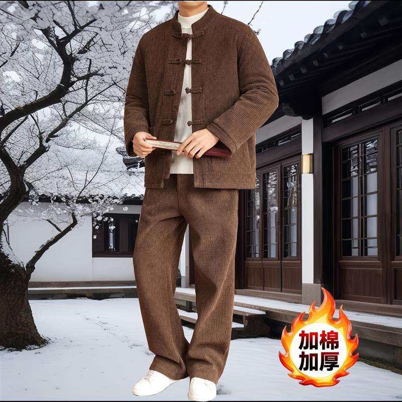 临安渡国风男装冬中国风欧棉绒加厚保暖套装中式唐装保暖棉袄宽松