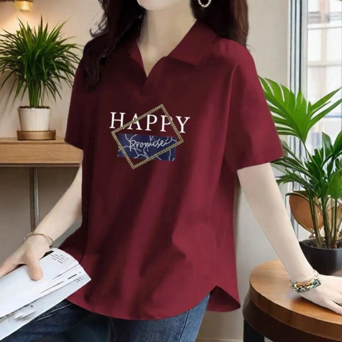 苏裳POLO领黑色短袖T恤女2026夏新款修身正肩百搭打底衫印花上衣