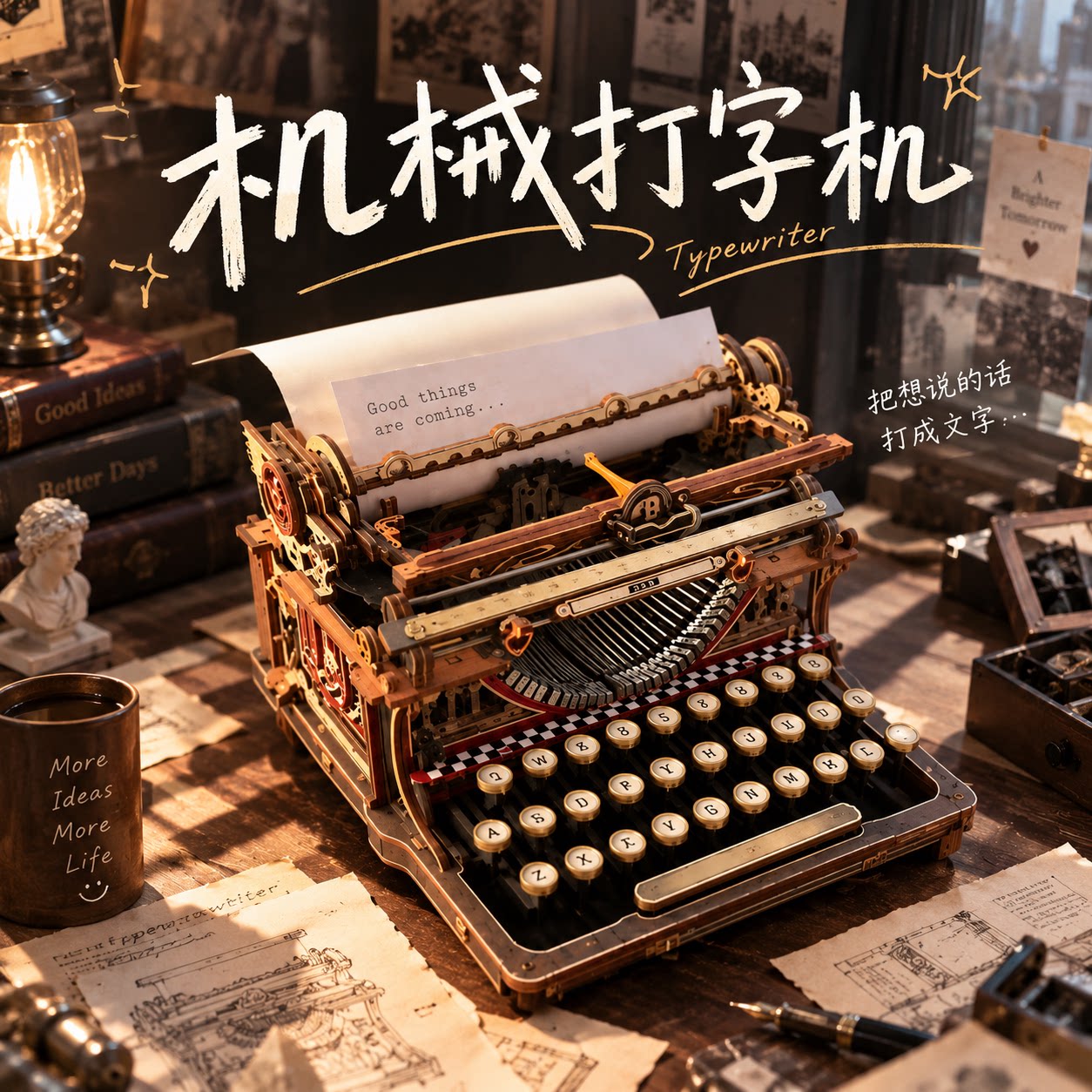 机械打字机复古拼装木质模型图片