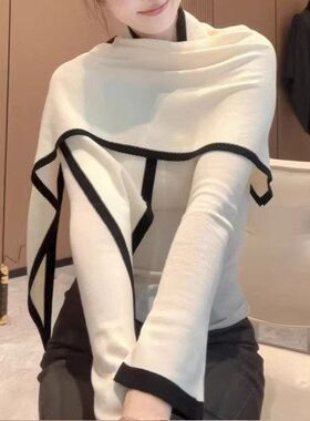 2026年新款春季气质真两件显瘦长袖针织衫上衣三角披肩设计感套装