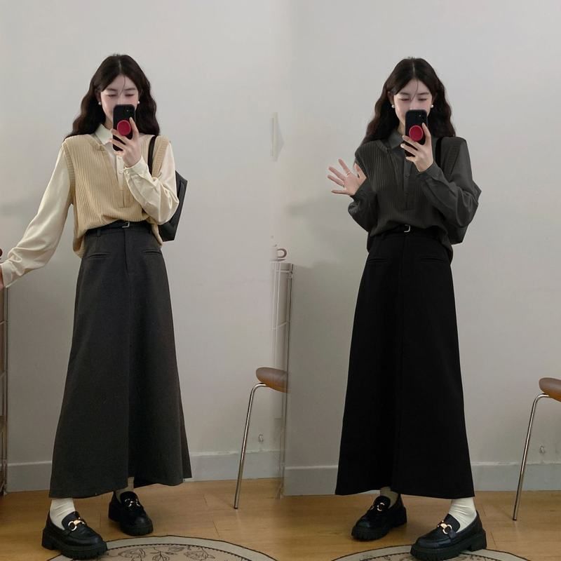 2025年秋冬大码女装宽松假两针织拼接显瘦上衣+半裙送皮带两件套