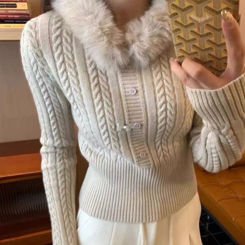 KANING毛毛领上衣套头麻花毛衣2025秋冬新款慵懒风收腰内搭针织衫