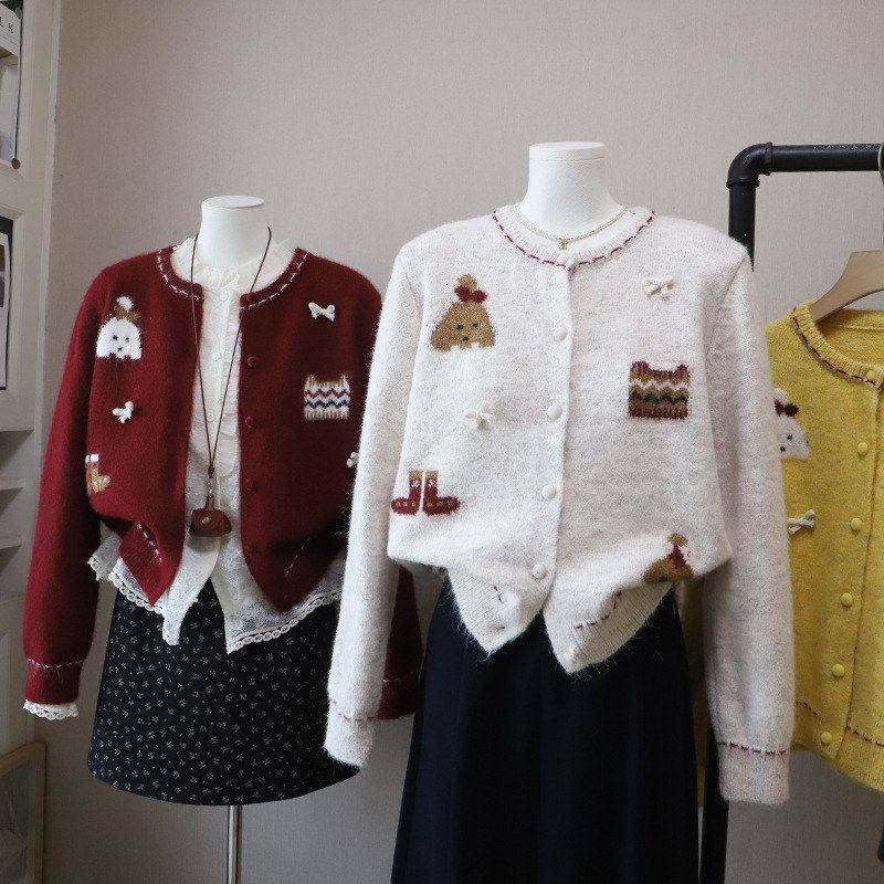 [比正]2025秋冬新款韩系减龄撞色卡通提花显瘦百搭开衫毛衣女5812