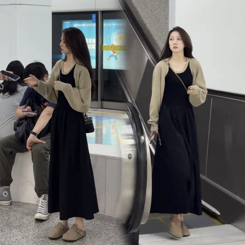 2025春季女新款设计感百搭针织开衫上衣搭中长版拼接洋装两件套
