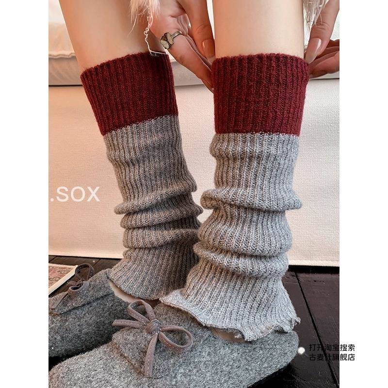 针织袜套女撞色拼接堆堆袜春秋花边小腿袜日系学院风y2k显瘦腿套