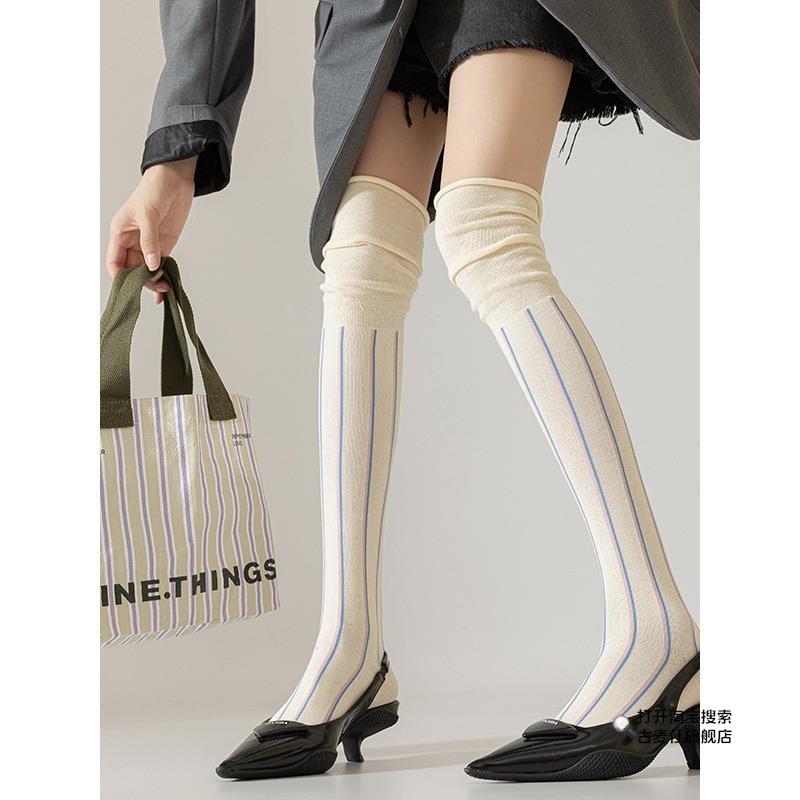 过膝袜女长筒袜秋冬拼接竖条大腿堆堆袜子个性靴袜护膝女士高筒袜