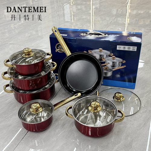 出口炫彩不锈钢套锅不粘锅12件套镀金把手cookware set pots