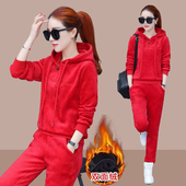 宽松连帽卫衣两件套 女秋冬季 休闲运动套装 新款 加厚加绒金丝绒时尚