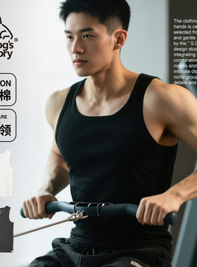 纯棉工字背心男运动健身男士黑色方领粗螺纹重磅紧身男生跑步吸汗