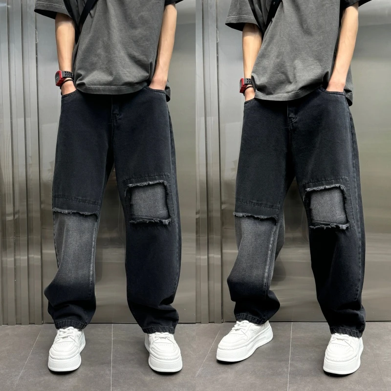 紫气东来男装微喇牛仔裤直筒男生破洞宽松休闲牛仔裤男士高级感裤