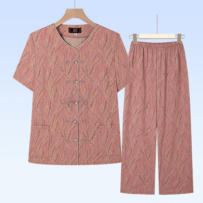 莉萱蔓服饰商行中老年人妈妈装夏天绣花衣服两件套装奶奶大码女装