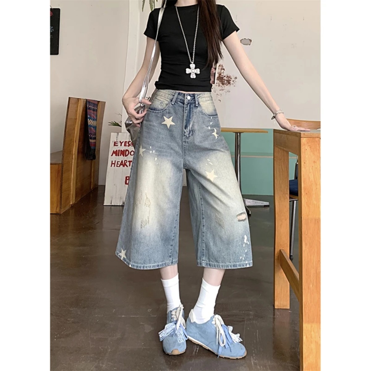 MZVZ分店1号美式复古七分牛仔裤图片
