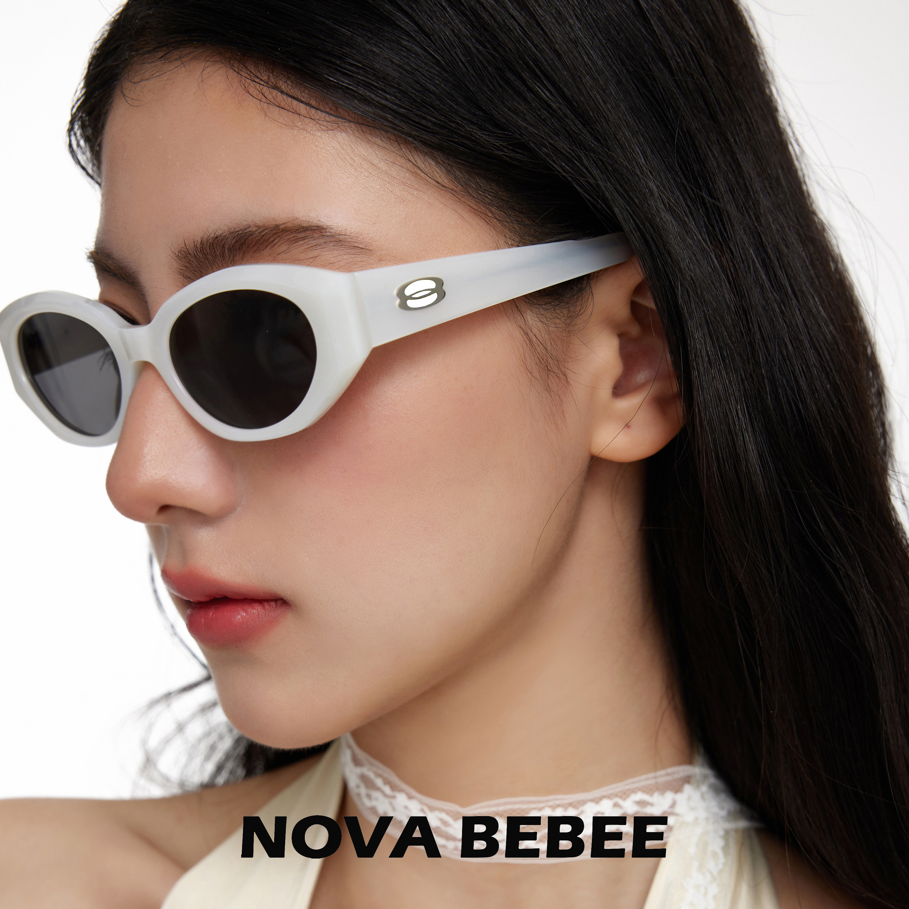 NOVABEBEE复古猫眼墨镜贝母白高级感防晒太阳镜男女同款原创潮牌