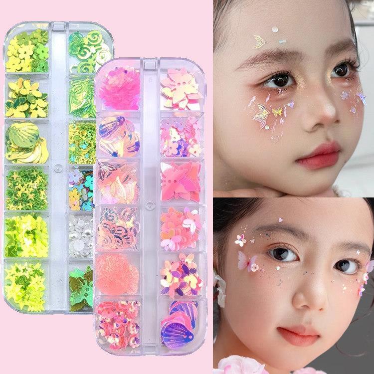 儿童舞台妆亮片闪片水钻贝壳小花朵星星蝴蝶结贴脸装饰品鱼鳞片官