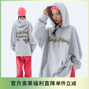 【F426奥莱店】国潮牌情侣嘻哈金粉字体印花蝴蝶花灰卫衣宽松帽衫