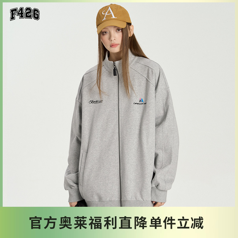 F426【F426奥莱店】国潮牌情侣立领logo拼接插肩袖开衫卫衣xdjt