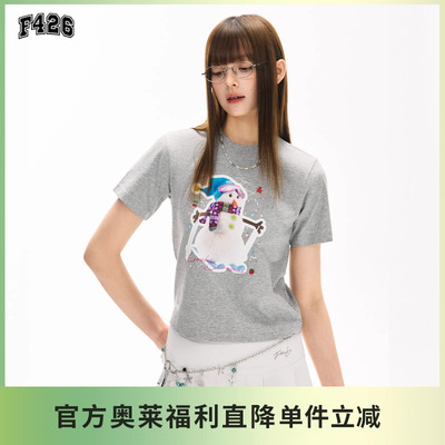 F426雪人贴纸印花短款短袖T恤