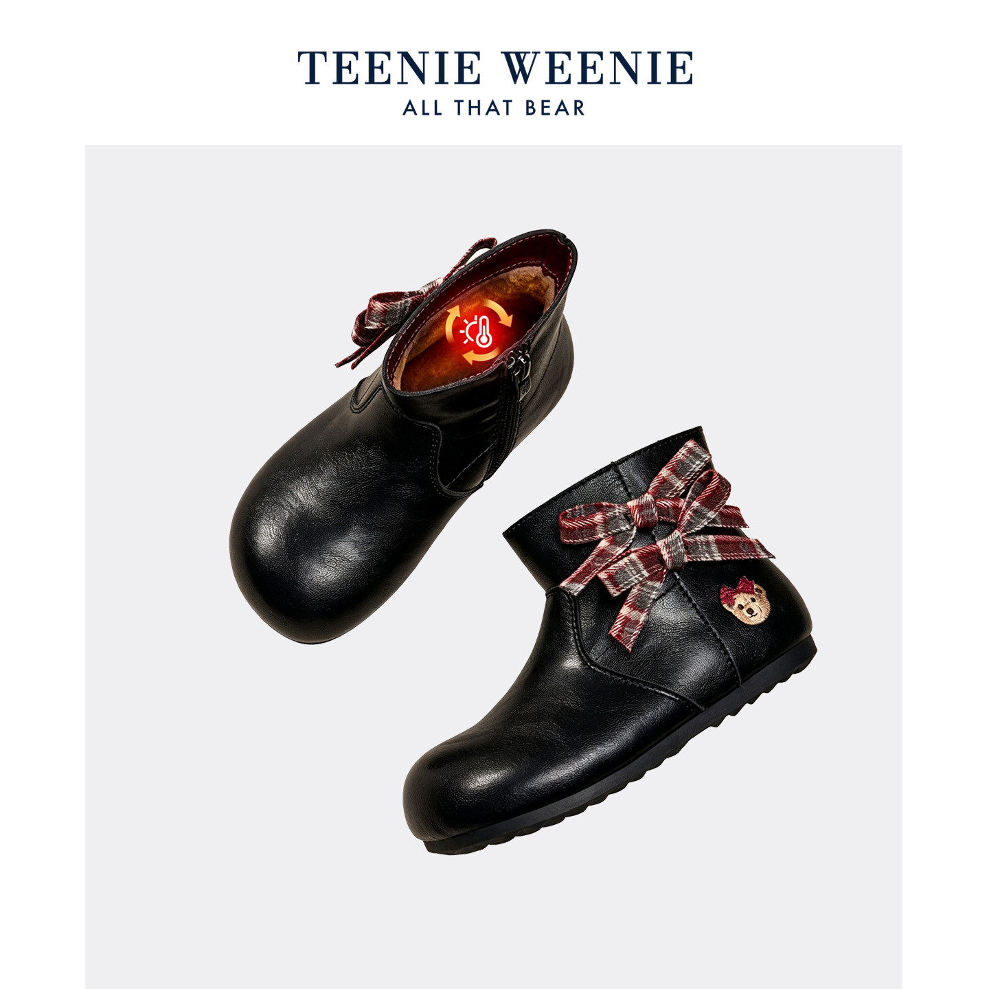 TeenieWeenie小熊刺绣童鞋女童棉靴加绒保暖冬季小皮靴低筒蝴蝶结