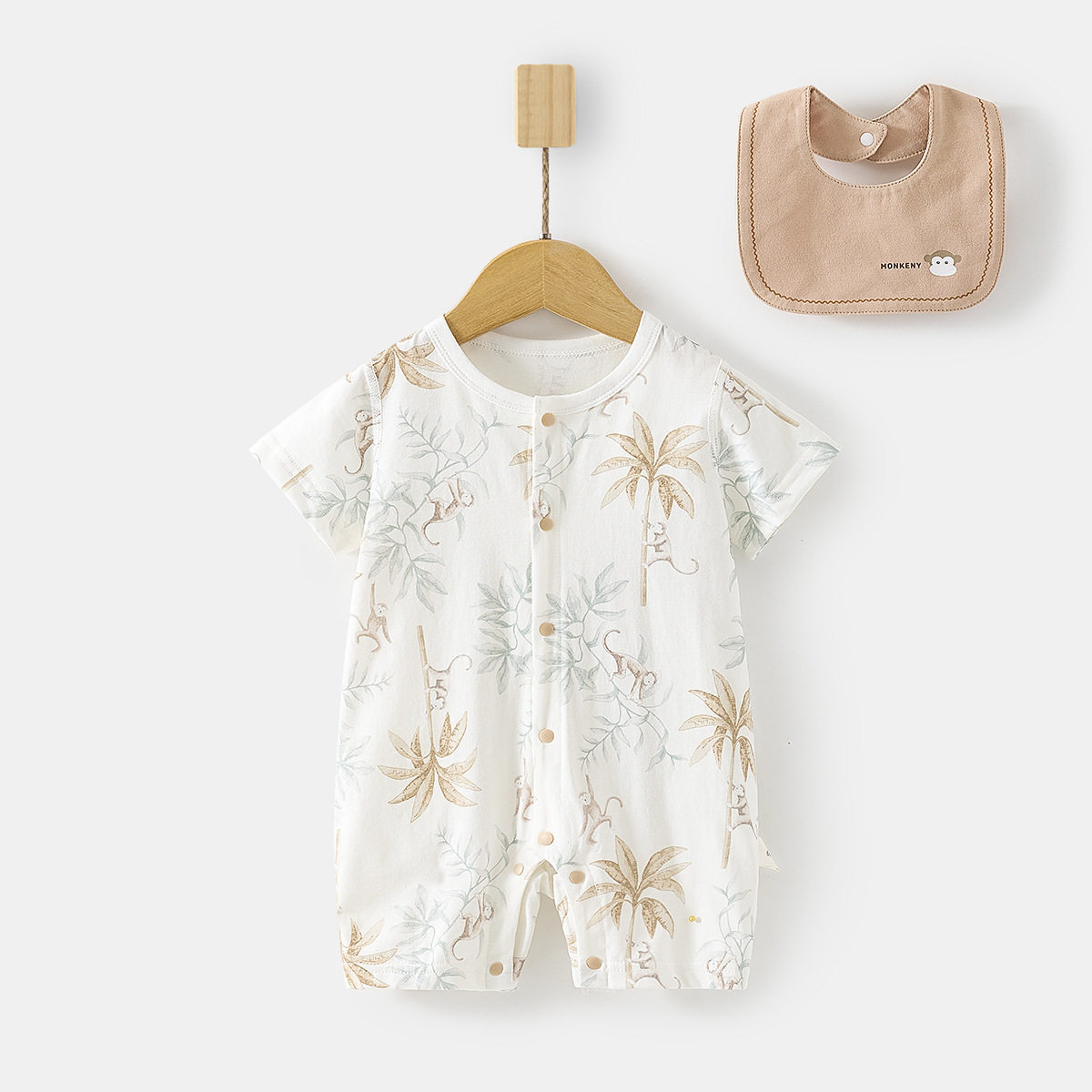 巴比象婴儿短袖连体衣宝宝夏季薄款爬服婴幼儿空调服哈衣送围嘴