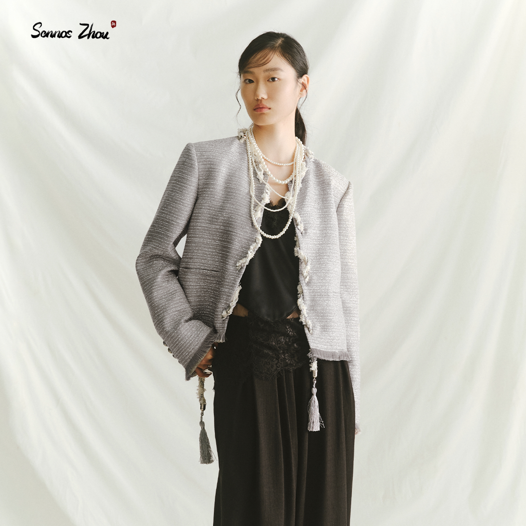 「银腾浮雕」sennos zhou圆领毛边短外套女流苏编织小香风上衣
