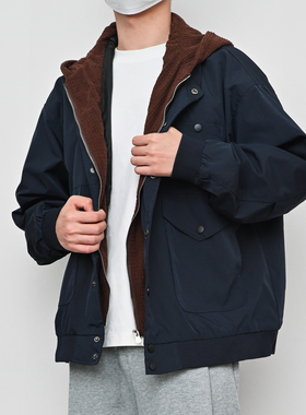 格集家日系复古华夫格拼接连帽工装夹克宽松口袋假两件外套25613