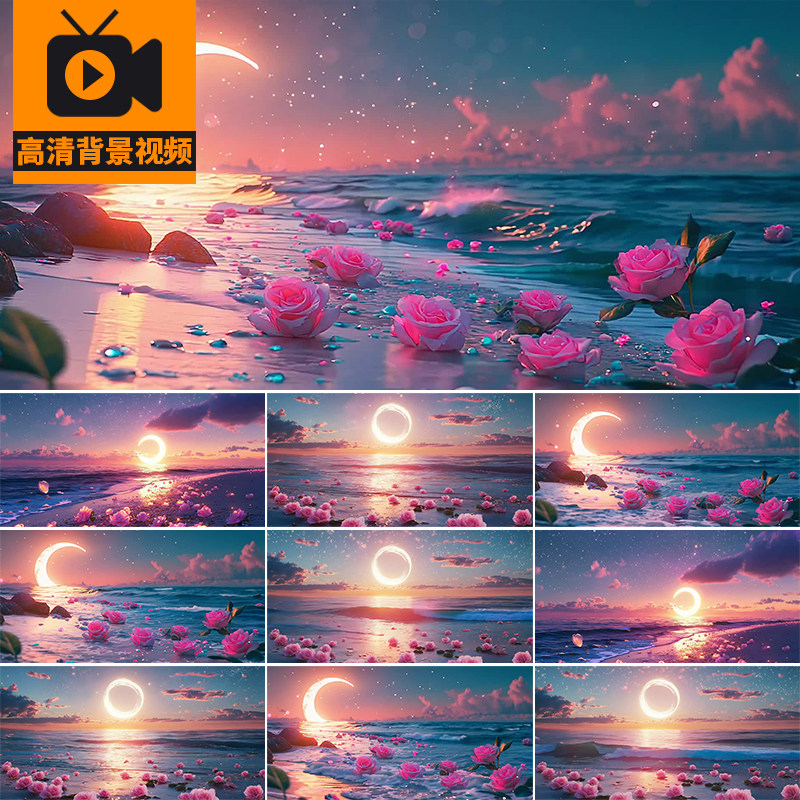 梦幻浪漫玫瑰花朵海边月亮大海边唯美治愈大屏幕LED背景视频素材