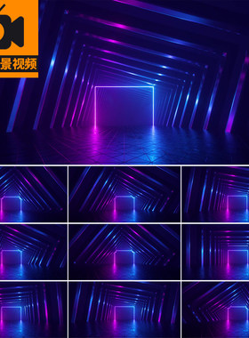 紫色蓝色霓虹灯旋转隧道发光方形框灯光动感舞台LED背景视频素材